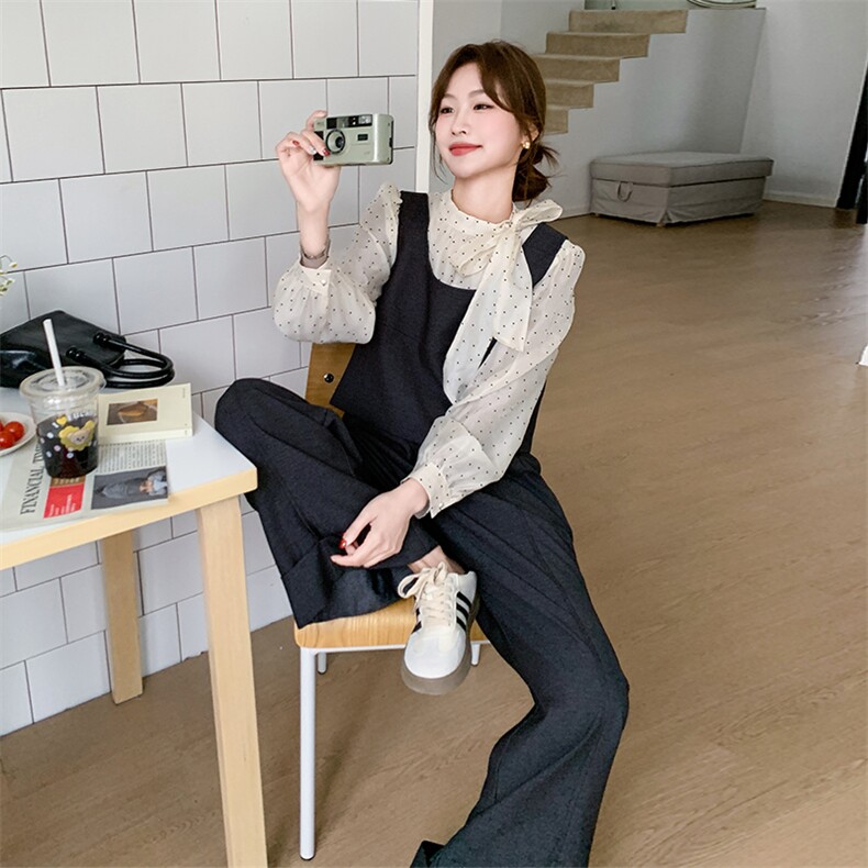 2025春季新款女搭配一整套蓝色牛仔背心阔腿裤搭配波点衬衫三件套,女装套装/套裙,浙宝301