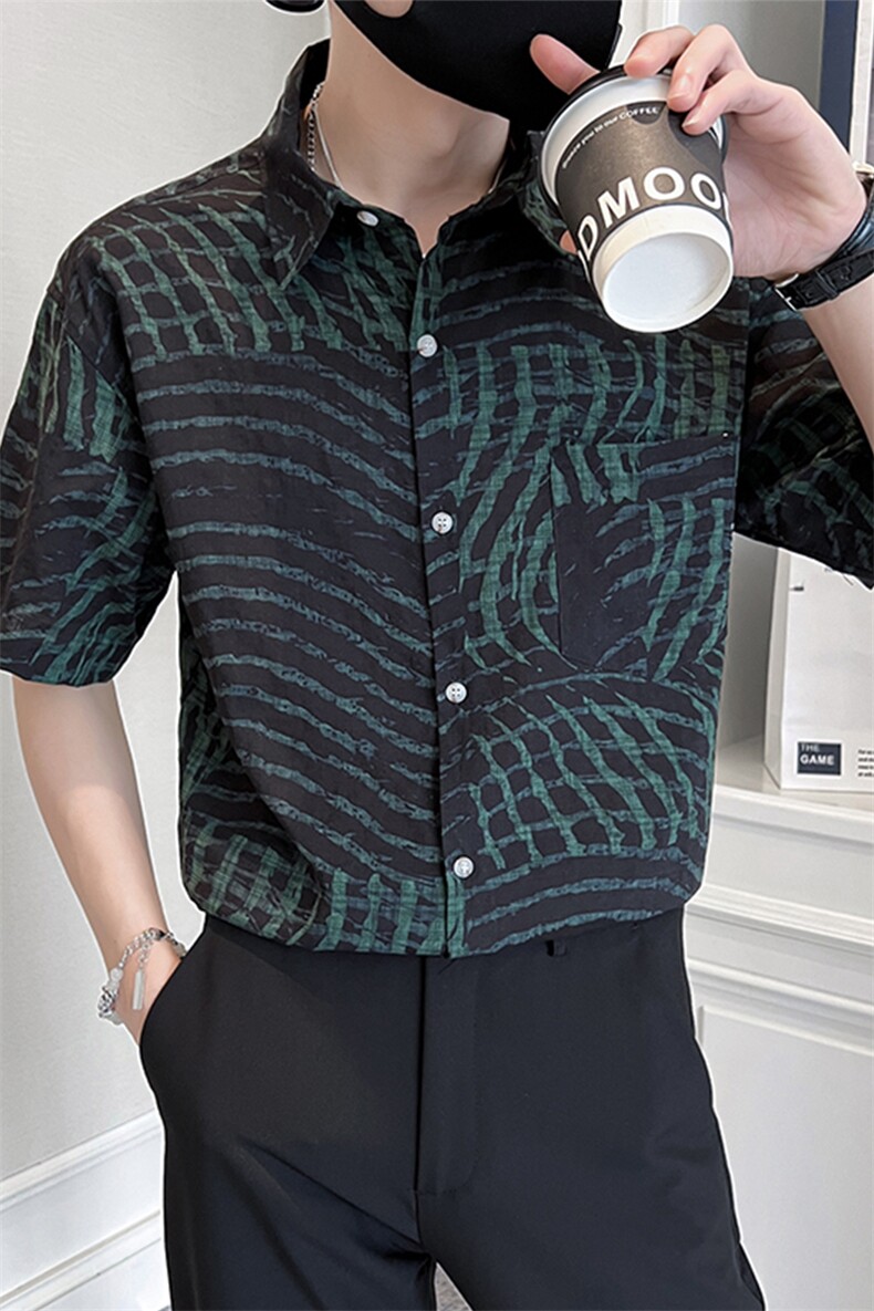 高品质个性印花花短袖衬衫男士宽松社会小伙衬衣潮TZ96P5078,男装T恤,电商B413