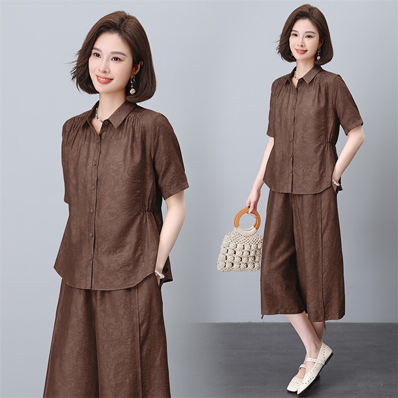 MaxMurny轻奢时尚减龄洋气套装女夏季大码宽松衬衫阔腿裤两件套,女装套装/套裙,雪樱依海
