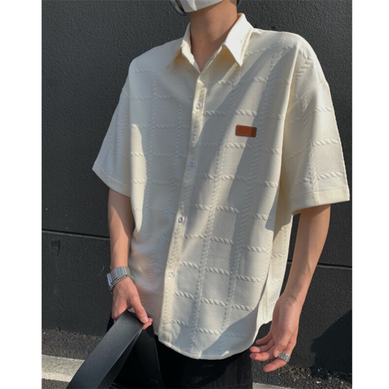 2026夏短袖格子衬衫大码男纹理提花衬衣薄外套CS580/特P35杏色3,男装衬衫,电商A094