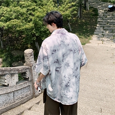 现货新中式新款衬衫短袖风竹叶水墨画花大码CS33-P65-控88，男装衬衫，电商A021