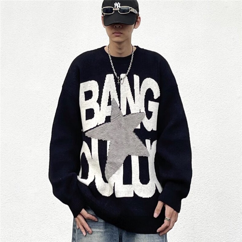 美式圆领字母提花毛衣秋冬情侣款宽松复古慵懒风百搭上衣，男装针织衫/毛衣，星座1210-1