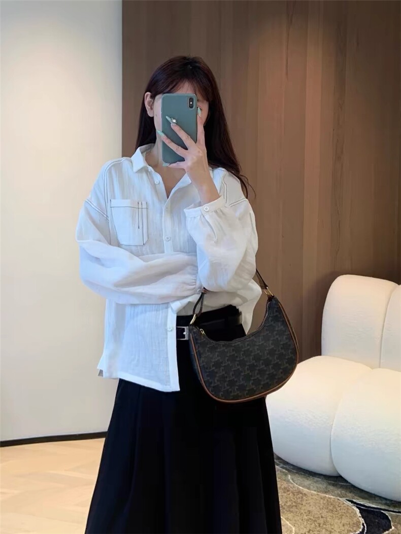 明线撞色小翻领透气亚麻舒适长袖衬衫，女装衬衫，湘姗