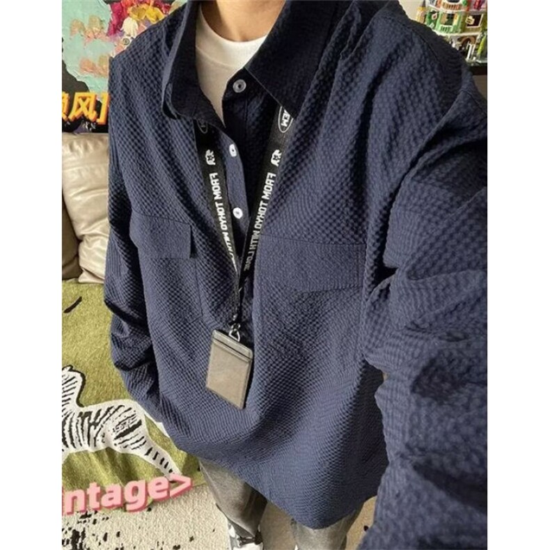长袖套头衬衫男春秋季宽松休闲仿肌理感褶皱宽松POLO外套CS24,男装Polo衫,星座1116A（原606A-3）