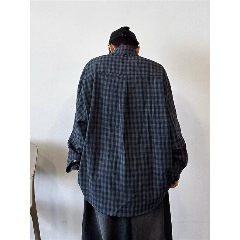 古着廓形慵懒宽松格纹格子长袖衬衫男女bf百搭衬衣GZ01P35特,男装衬衫,电商D256-2(原A064-2)