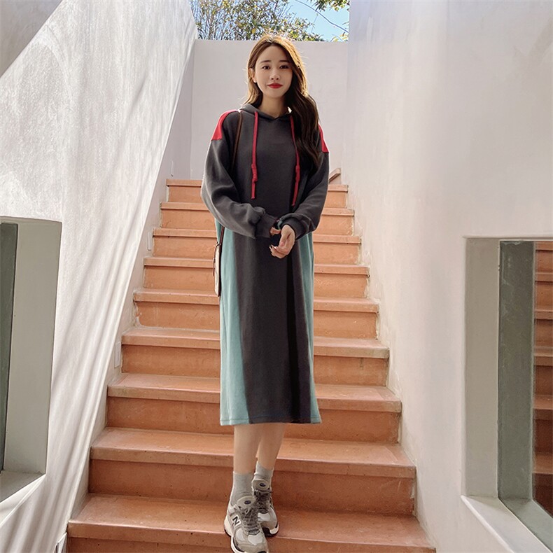 韩版撞色拼接连帽卫衣长裙女2025春秋季新款学院风宽松休闲连衣裙,女装连衣裙,2C088