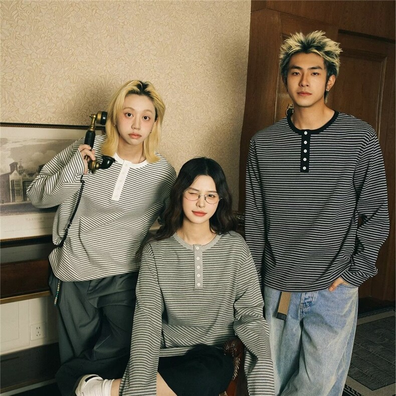 网图亨利领条纹长袖T恤男女小领口打底上衣B02-特P43,男装T恤,星座910-1