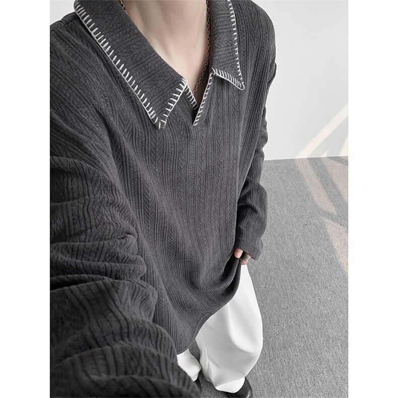 T338-特32控68 秋季老钱风麦穗纹Polo打底衫男长袖贝壳绣领图片