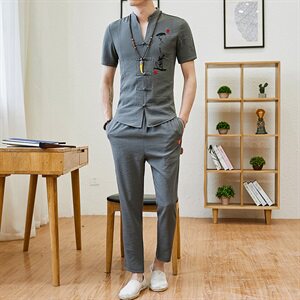 风套装男士短袖t恤2021夏季韩版潮流修身棉麻两件套DS66图片