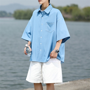8XL-M 冰丝牛仔短袖衬衫男款夏季薄款宽松慵懒衬衣外套DC28006P60图片