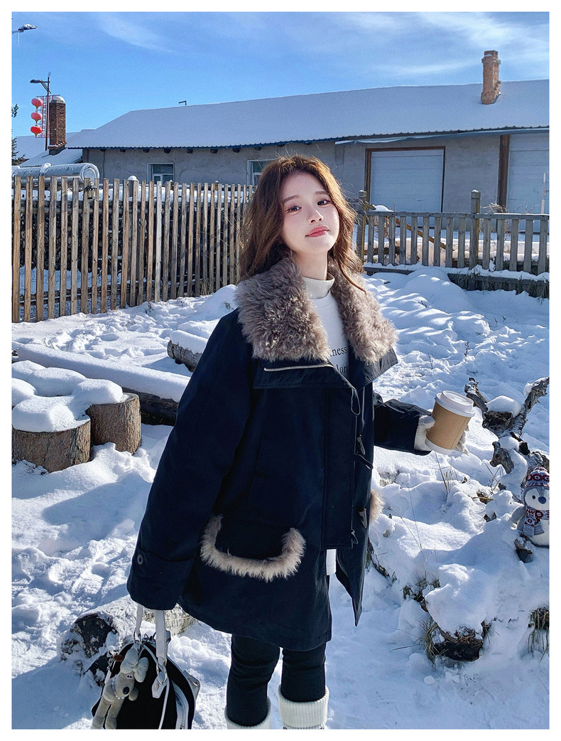 羊羔毛翻领加厚保暖派克服女冬巨好看中场款宽松外套,女装羊羔毛/颗粒绒,浙宝131