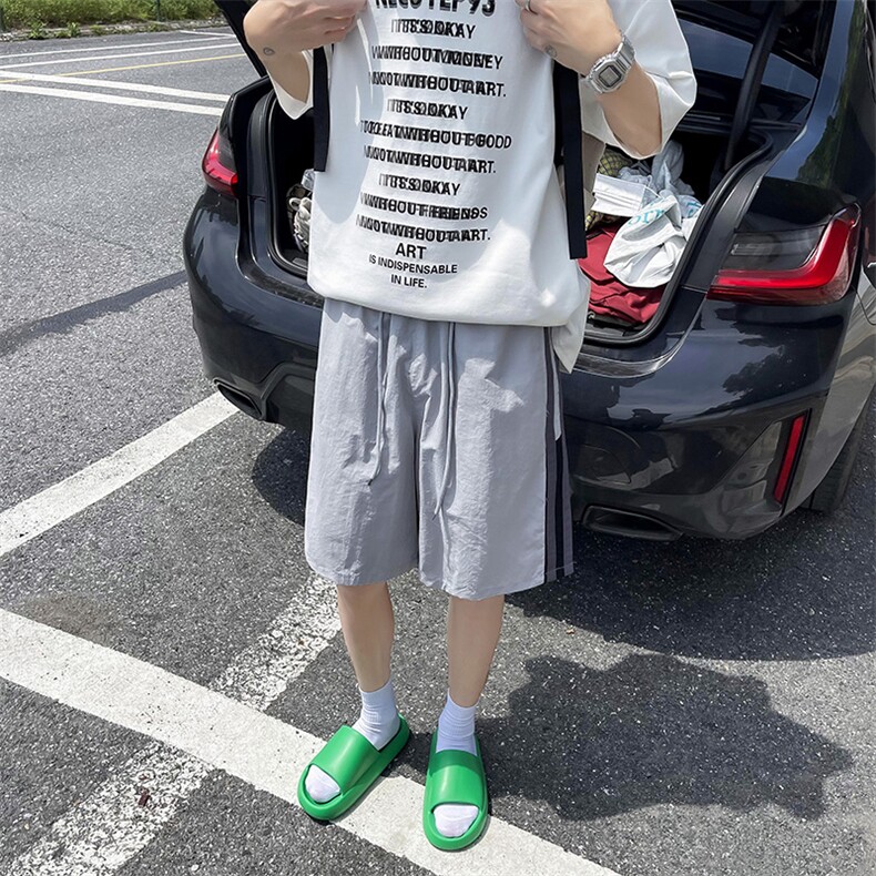 男士条纹拼接短裤夏季潮牌休闲宽松直筒运动五分裤,男装牛仔裤,星座410-7