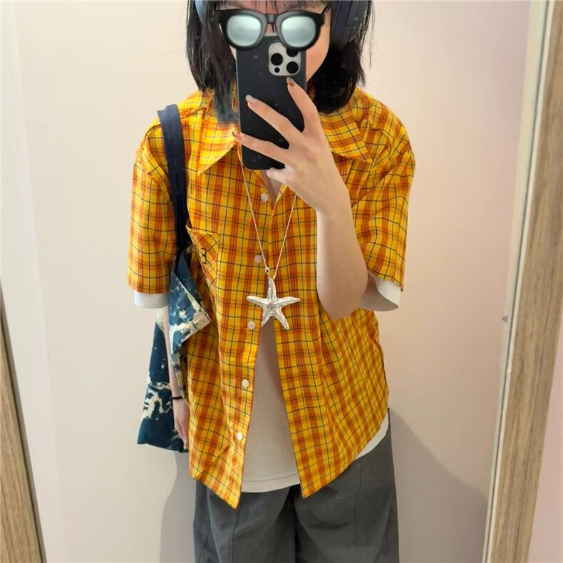 短袖格子衬衫女2025夏季新款设计感小众宽松休闲男女款撞色衬衣潮,男装衬衫,星座1210-1
