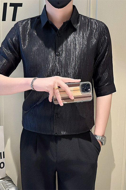 店主风社会小伙男士纯色七分袖衬衫男简约款上衣301A-1/CS560/P55,男装衬衫,星座301A-1