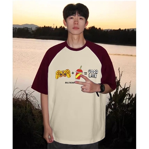 抖音得物高品质二开240克宽松纯棉美式潮牌插肩袖拼接短袖T恤图片