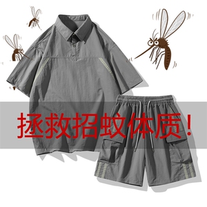 美式织带拼接短袖短裤抗菌驱蚊半袖衬衫套装男A406TZ3079特P60,豆豆鞋夏季穿搭女图片