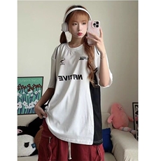 青少年渐变常规非品牌宽松型ins夏季美式潮牌字母印花拼色短袖t恤，男装T恤，星座506A