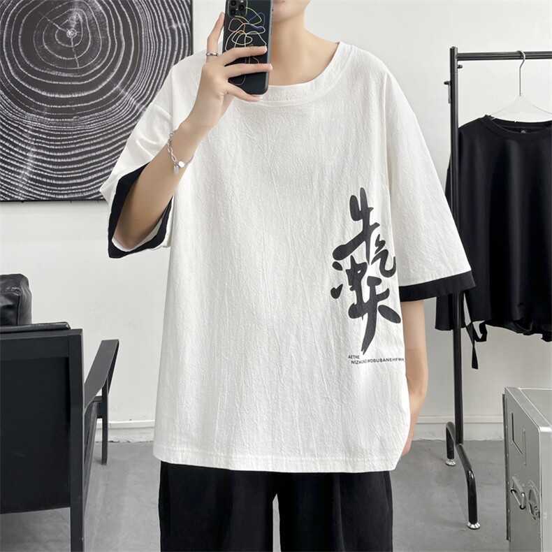 T8887P45大皂风宽松休闲汉字印花百搭青年潮流棉麻风T恤，男装T恤，电商A026