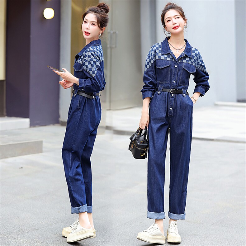 牛仔工装连体裤女2025春秋新款拼接格子高级感时尚流行连衣裤，女装连体裤，E百度