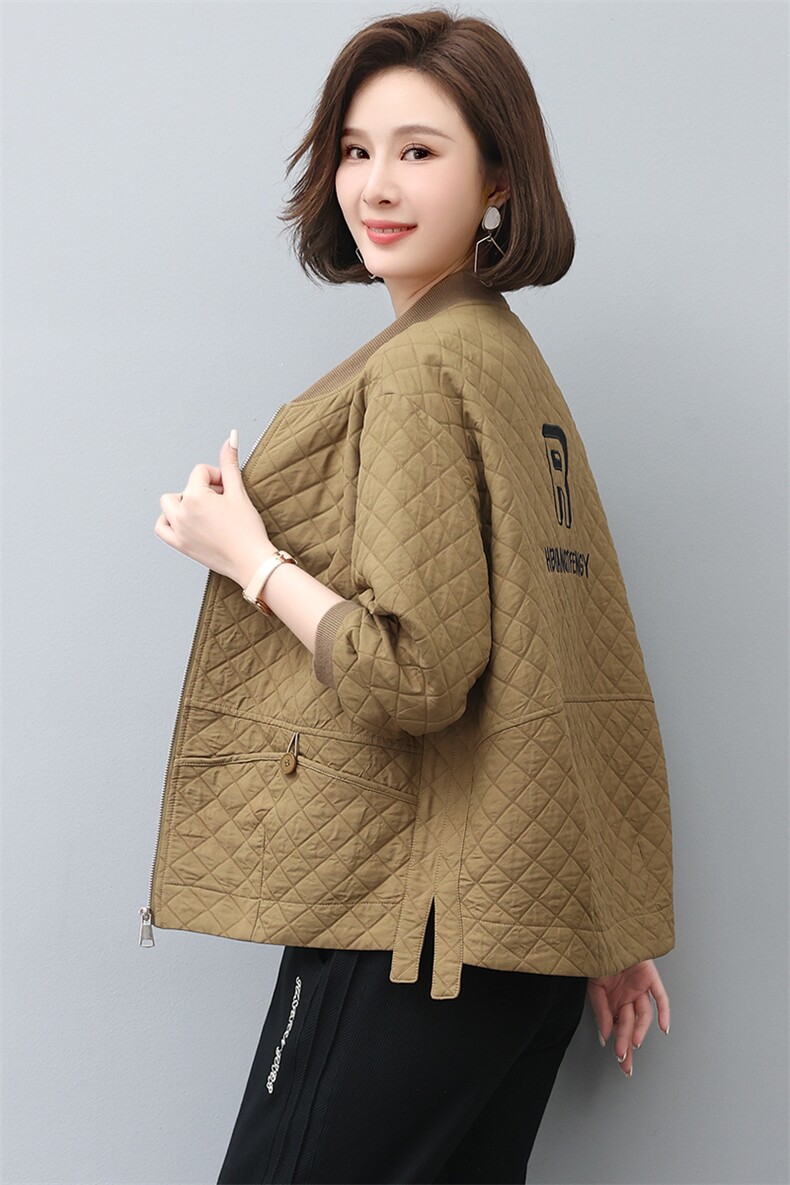 KARMEMAJE妈妈短外套女春秋季新款时尚洋气休闲连帽菱格上衣薄款,女装短外套,忆绮罗