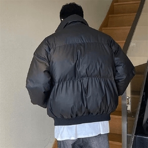 现货5W件冬季三防重磅硬挺boxy短款羽绒立领PU皮棉衣外套加厚棉服图片