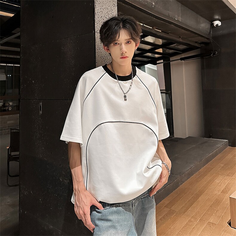 撞色线条设计感夏季宽松版T恤潮牌圆领300克高克重短袖861p40,男装T恤,电商A458A