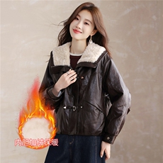 现货！现货！加绒加厚皮衣女2025冬季新款羊羔毛翻领棉衣棉服，女装棉衣/棉服，以桐