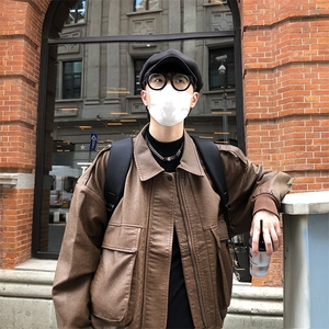 G98-P60 美式复古机车皮衣夹克男棕色飞行员棒球服ins潮图片