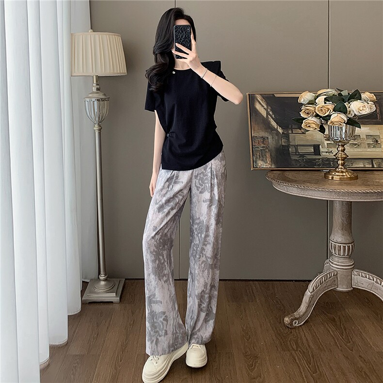高级感时尚潮流套装女夏款显瘦圆领开叉不规则短袖印花长裤两件套,女装套装/套裙,江南