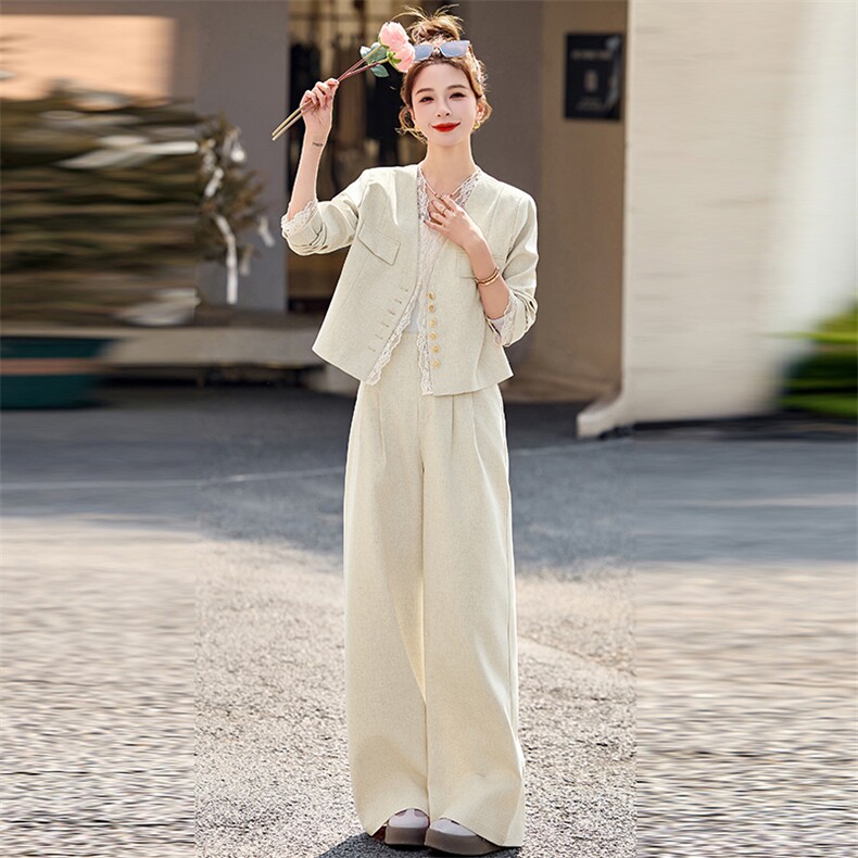 粉色小香风气质套装女2025春新款洋气减龄蕾丝拼接外套长裤两件套,女装套装/套裙,奕可儿