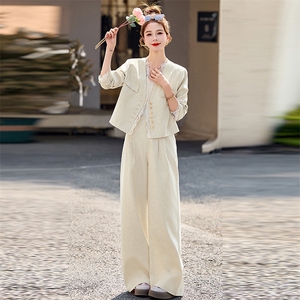 粉色小香风气质套装女2025春新款洋气减龄蕾丝拼接外套长裤两件套图片