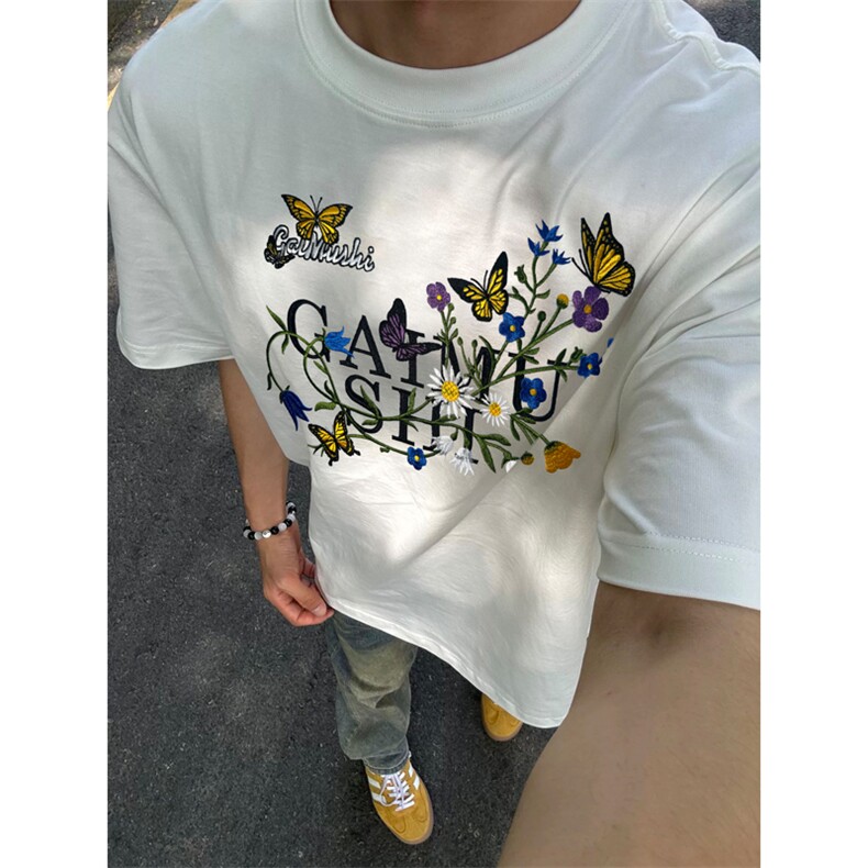 网图有货 美式原创刺绣重磅花卉短袖t恤男纯棉情侣半袖女A327-P35图片