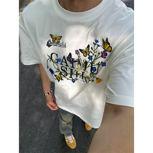 网图有货 美式原创刺绣重磅花卉短袖t恤男纯棉情侣半袖女A327-P35图片