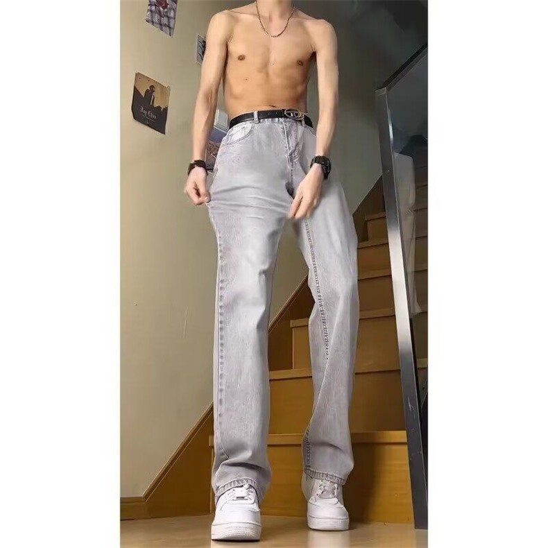水泥烟灰色弯刀牛仔裤男款直筒青少年酷帅加长裤子美式高街微喇裤,男装牛仔裤,星座1008