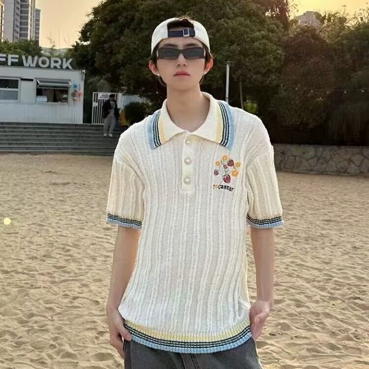 美式复古针织短袖男女夏季珍珠扣刺绣polo衫t恤宽松休闲慵懒半袖，男装Polo衫，星座506A