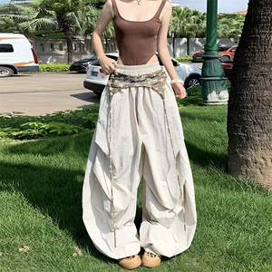 美式复古叠穿设计感绑带伞兵裤女宽松休闲褶皱阔腿裤YD9043-P65图片