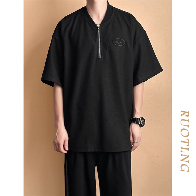 现货-夏季新品华夫格拉链短袖男潮牌百搭宽松T恤-AT23008-P55，男装T恤，电商A351