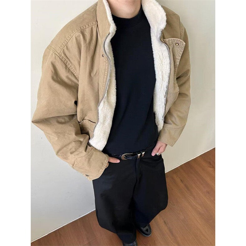 羊羔毛立领棉服男款冬季复古工装夹克加厚保暖棉衣外套JM6031,男装夹克,星座1116A（原606A-3）