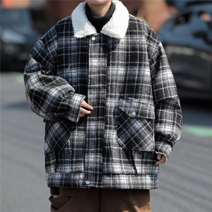 格子毛呢大衣男冬季2024新羊羔毛棉衣外套加绒加厚翻领棉袄 M9017图片