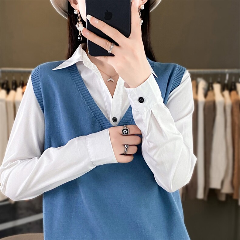 100％纯棉针织马甲女V领宽松短款全棉线坎肩春秋新款纯色百搭马甲,女装马甲,阁惠羊绒