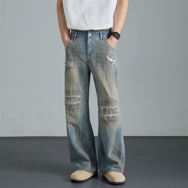 假两件牛仔裤男士韩版潮流高街破洞2025春季ins长裤RK2492-P66，男装牛仔裤，星座412-3