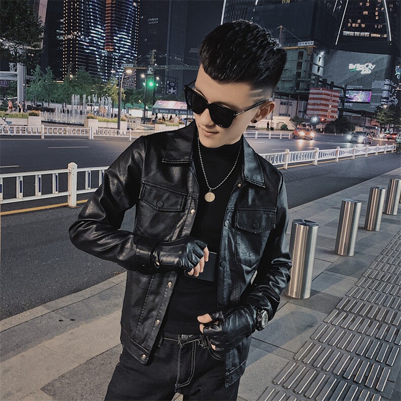社会小伙韩版休闲修身机车服翻领痞帅水洗皮衣夹克D811-P118控148图片