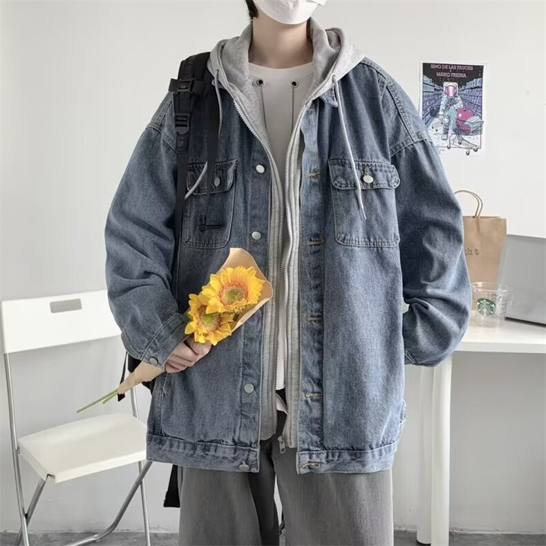 美式春秋连帽牛仔外套男高街vibe潮牌痞帅假两件夹克男J144-P70图片