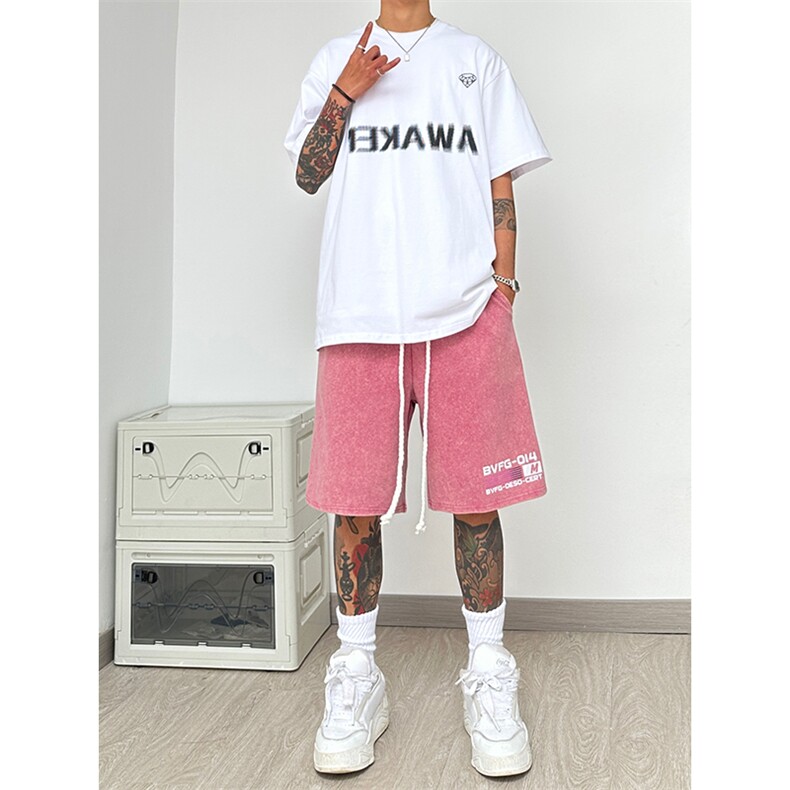 美潮纯棉320G重磅水洗做旧印花短裤A014-DY25028-P40控58,男装牛仔裤,电商A014