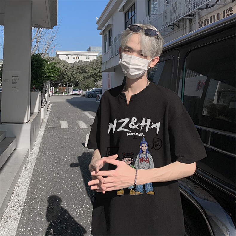 哪吒抖音直播得物痞帅肌理感V领短袖T7526P26控39,男装T恤,电商C408(原B339-1)