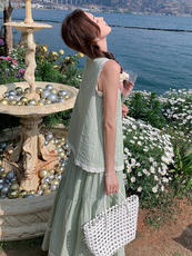 绿色氛围感减龄条纹套装裙女蕾丝边上衣2025夏季新款半身裙两件套，女装套装/套裙，含赞