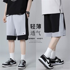 K205P40灰底加大码休闲沙滩裤五分裤短裤情侣港风假两件夏装潮，男装休闲裤，电商A050