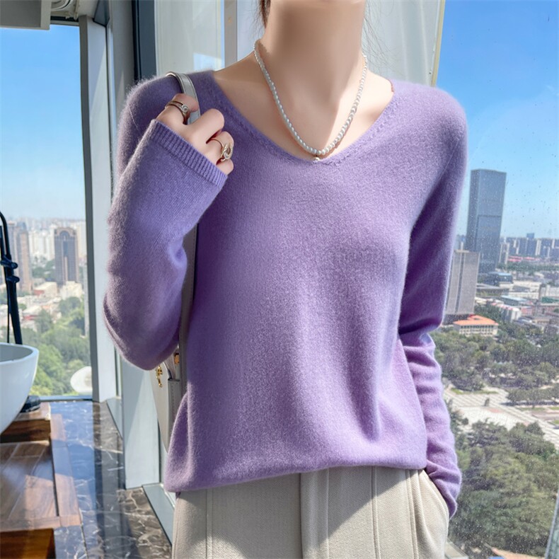 秋冬一线成衣100%纯羊毛衫女V领长袖针织毛衣宽松羊绒衫打底上衣,针织衫/毛衣,昭美羊绒