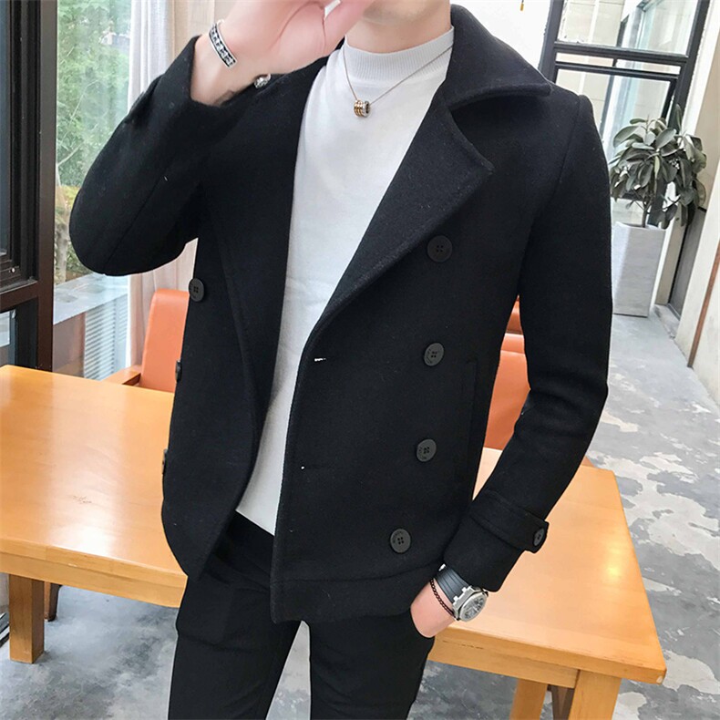 秋冬季男士短款纯色毛呢大衣时尚加棉保暖外套图片