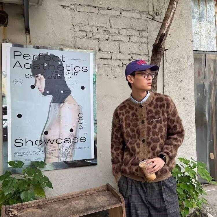 美式复古豹纹提花马海毛开衫毛衣男女秋冬宽松百搭慵懒针织衫外套,男装针织衫/毛衣,星座506A